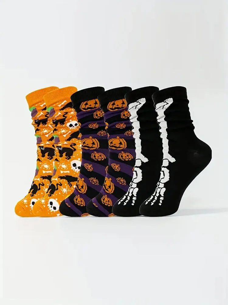 5 Pack Skull Pumpkin Cartoon Print Casual Crew Socks
