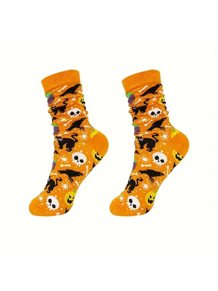 5 Pack Skull Pumpkin Cartoon Print Casual Crew Socks