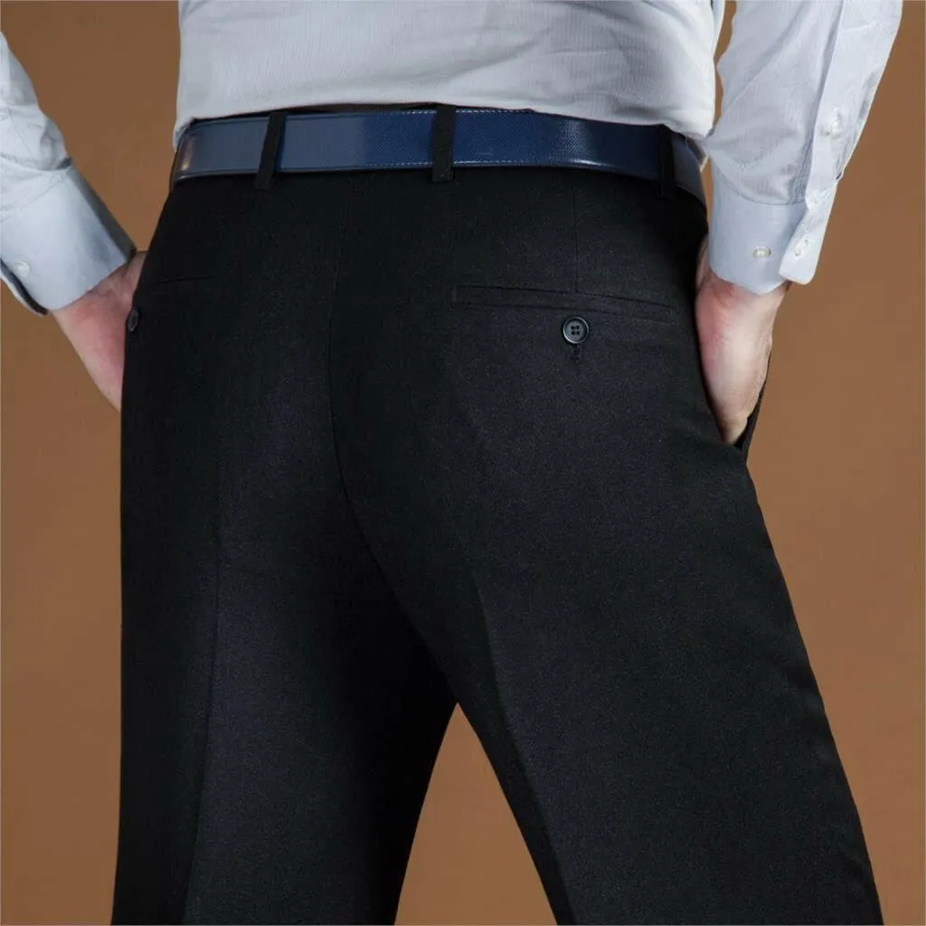 High Waist Wool Men Pants Classic Straight Loose Pleated Black Suit Pants