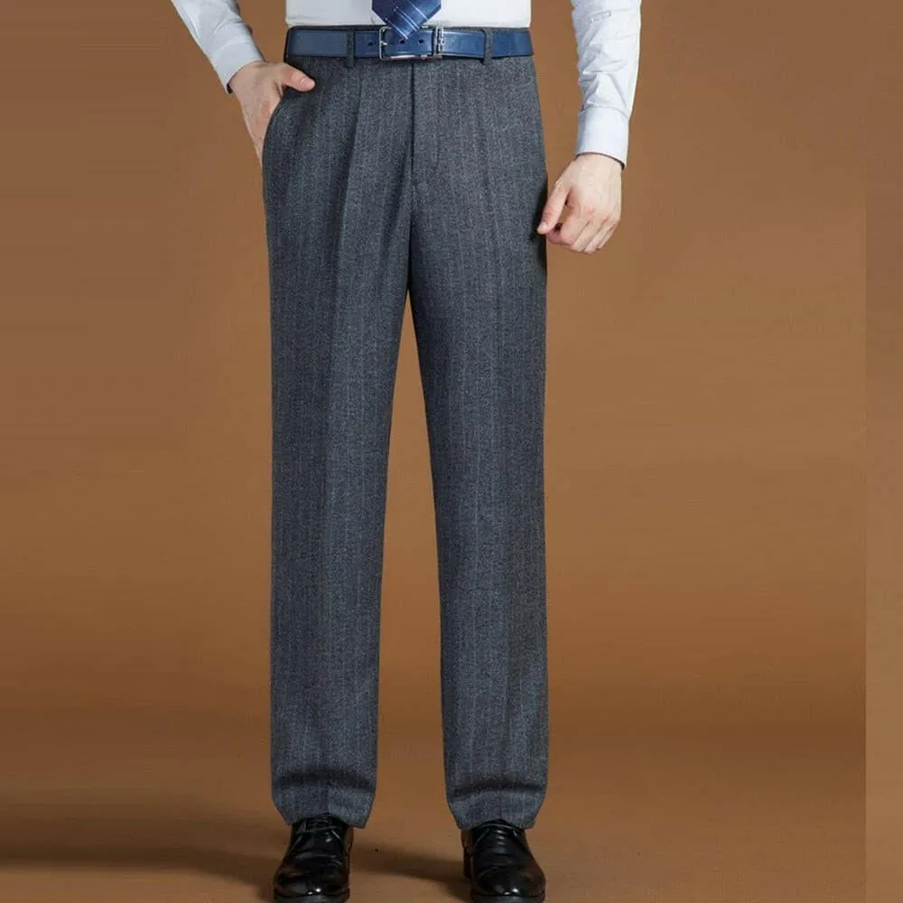 High Waist Wool Men Pants Classic Straight Loose Pleated Black Suit Pants