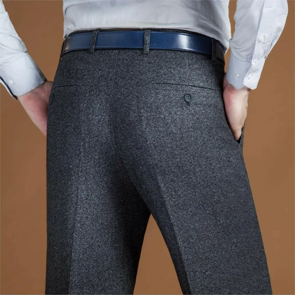 High Waist Wool Men Pants Classic Straight Loose Pleated Black Suit Pants