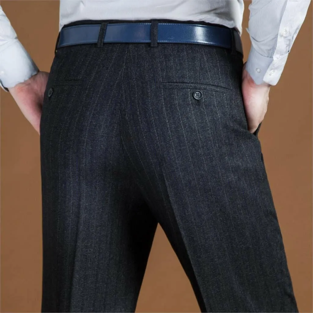 High Waist Wool Men Pants Classic Straight Loose Pleated Black Suit Pants