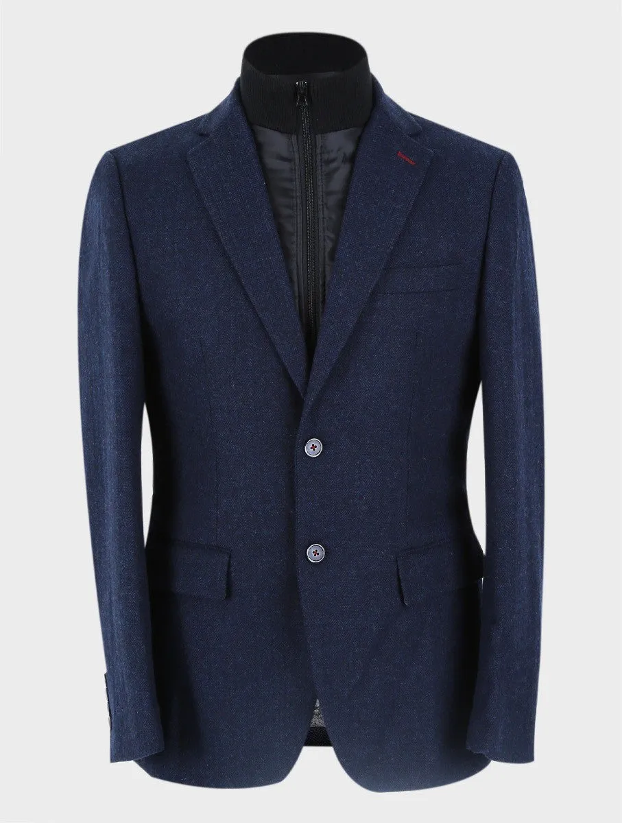 Men's Herringbone Navy Coat with Removable Zipper - Navy Blue